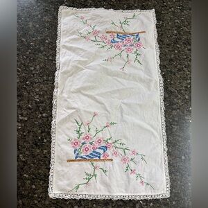 Vintage white embroidered pink floral in bowl table runner.